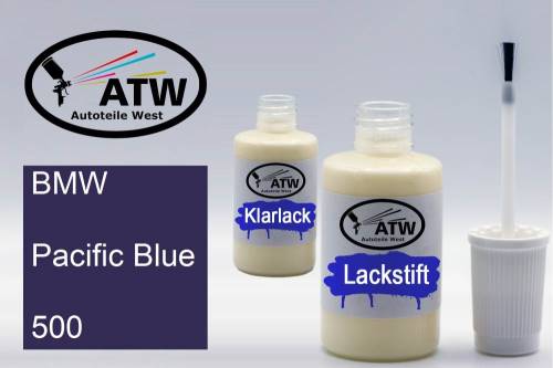 BMW, Pacific Blue, 500: 20ml Lackstift + 20ml Klarlack - Set, von ATW Autoteile West.